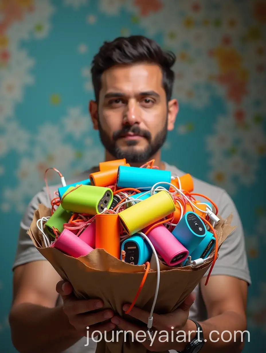 Man-Holding-Colorful-Powerbank-Chargers-in-Playful-Chaos