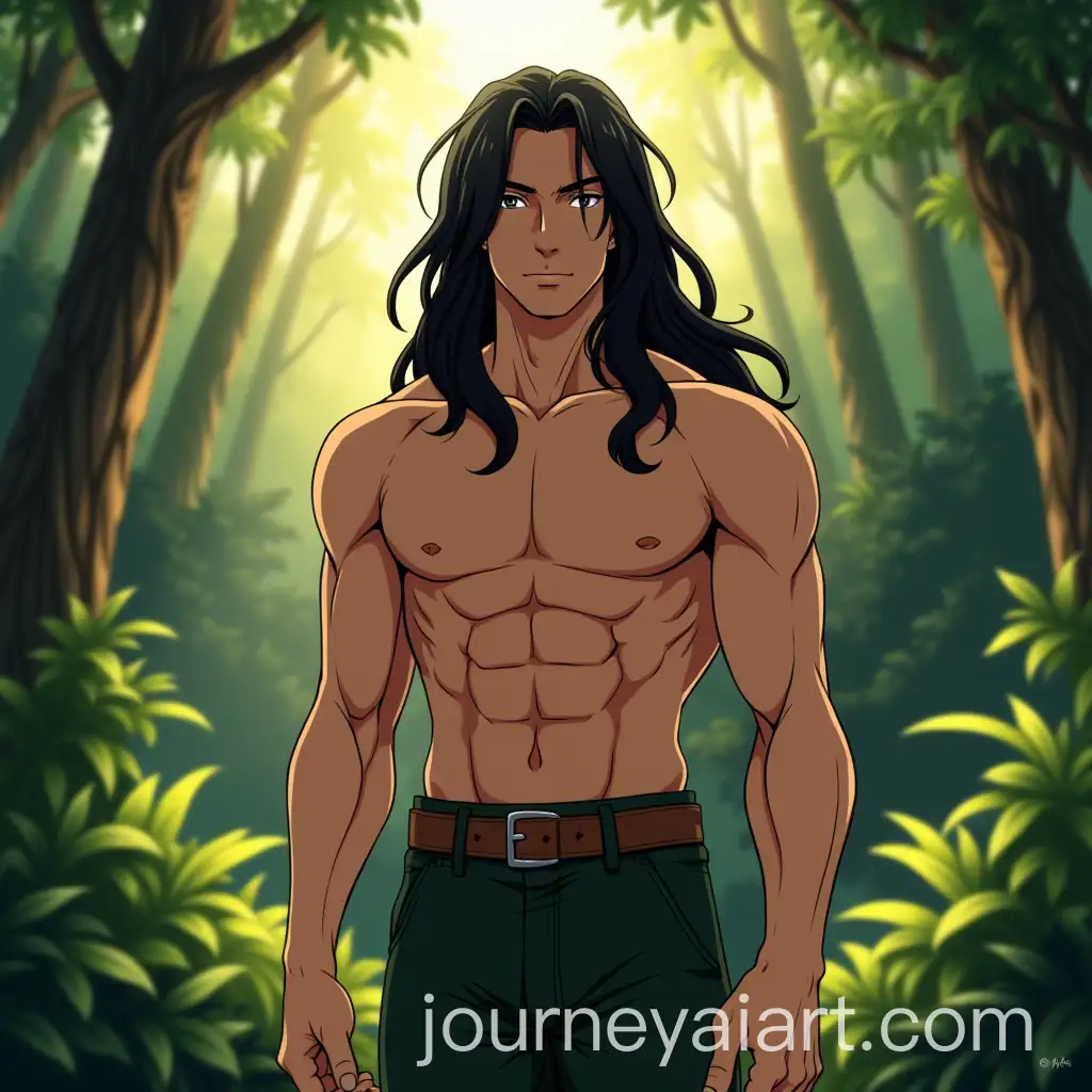 Handsome-Muscular-Man-with-Tan-Skin-and-Long-Black-Hair-in-a-Sunlit-Rainforest-Anime-Style