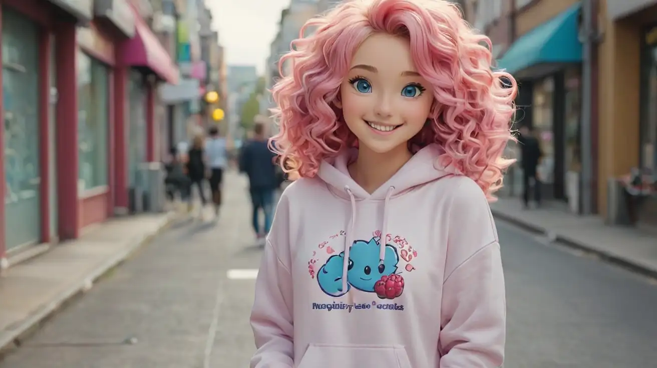 Smiling-Young-Woman-with-Curly-Blonde-Hair-in-Raspberry-Hoodie-Walking-Down-Street