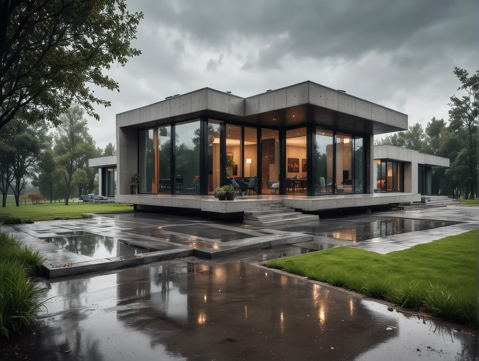 Modern-Villa-in-Suburbia-Concrete-Glass-Elegance-Amidst-Rainy-Day-Tranquility