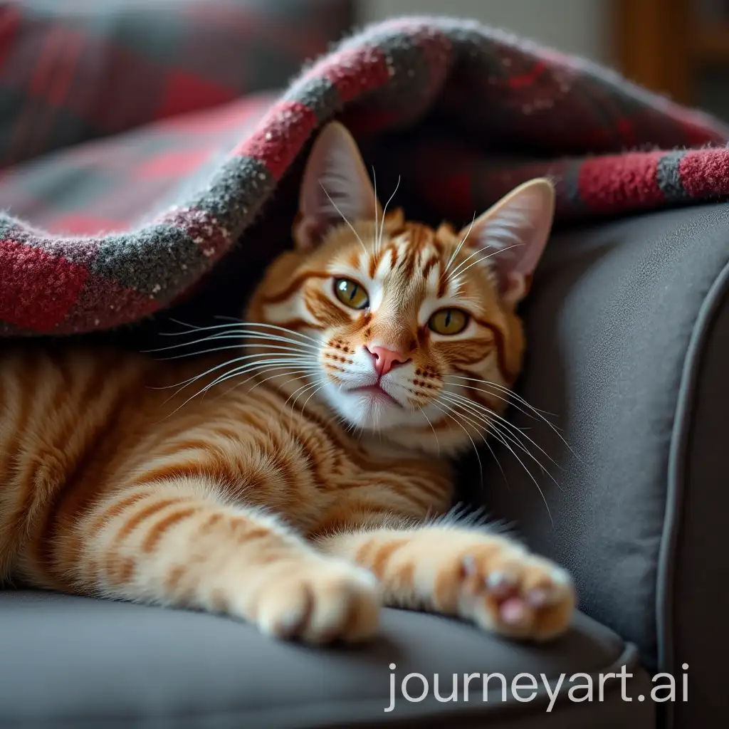 Cat-Relaxing-on-Sofa-Under-Plaid-Blanket