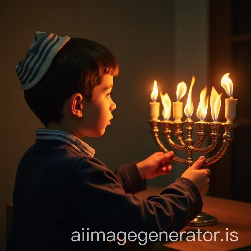 Young-Jewish-Boy-Lighting-Hanukkah-Menorah-with-Hebrew-Letters-Emerging-from-Flames