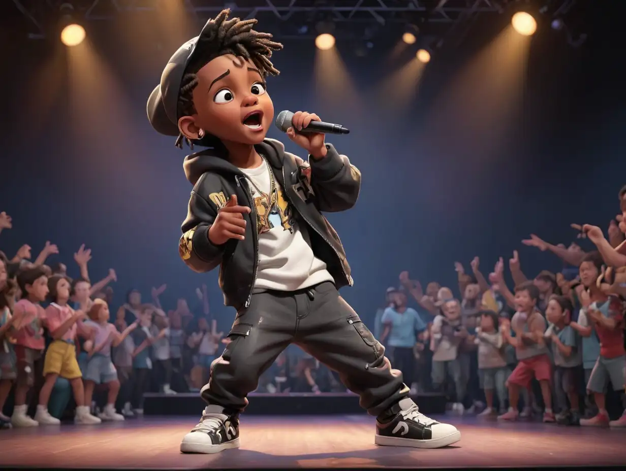 Wide shot, a child dressed in hip hop style holding a microphone, singing on a concert stage, 3d disney inspire