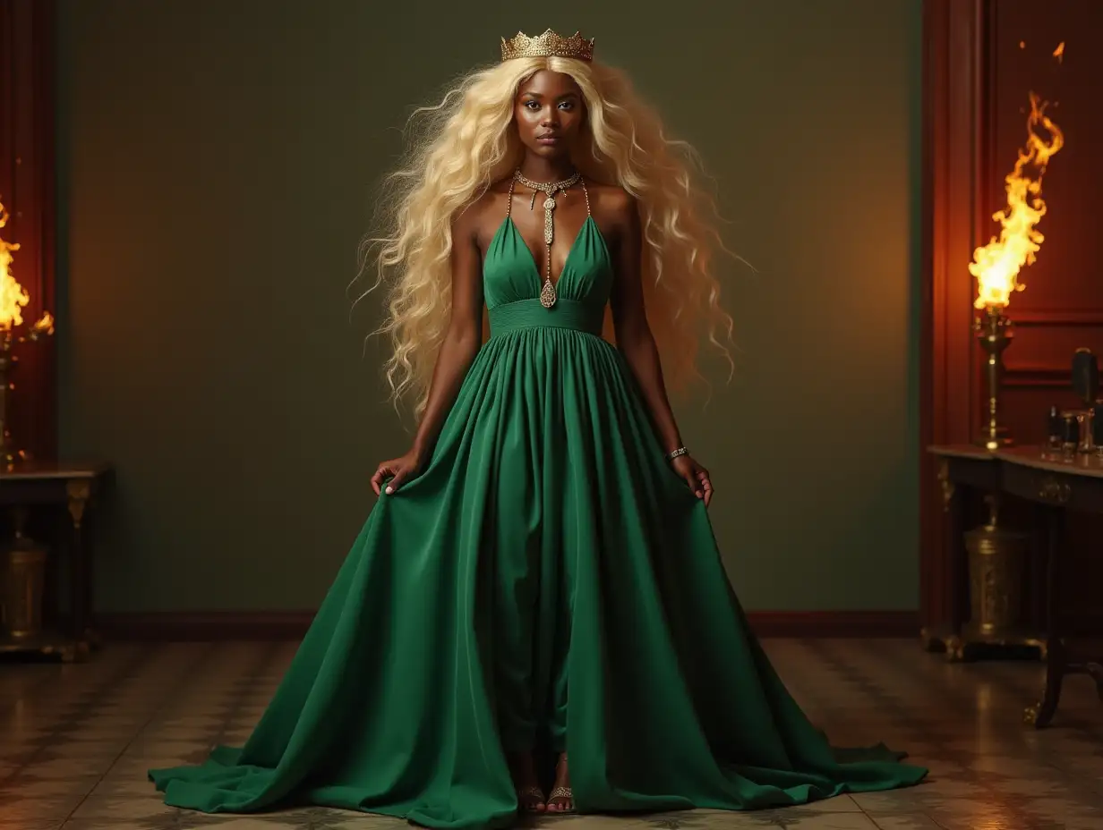 Mythological black princess, blonde, long hair green dress, arrowhead necklace, lacquer shoes at a ball with a lamp portrait