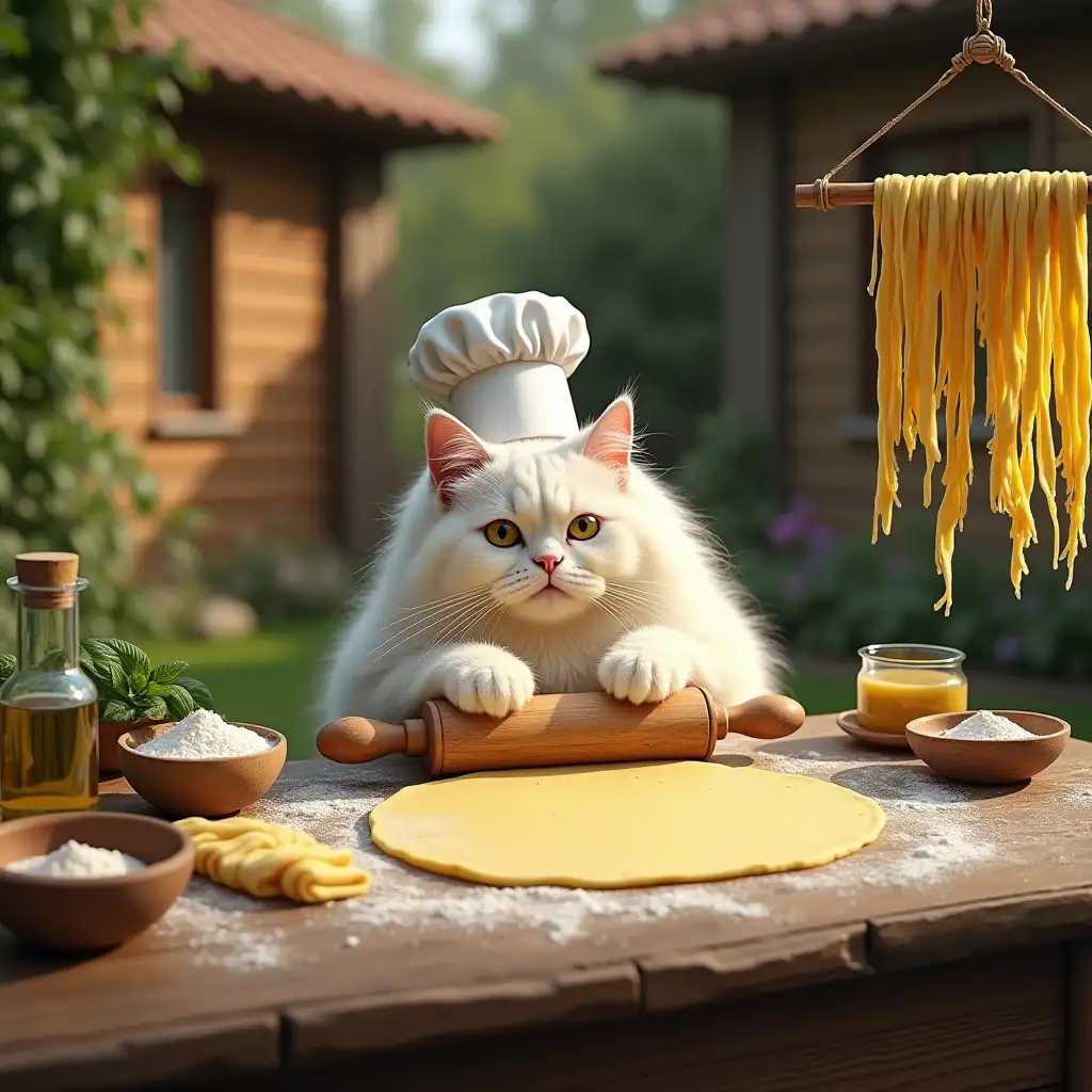 The fluffy white cat, its chef’s hat slightly askew, is carefully rolling out a sheet of dough with a wooden rolling pin. Its oversized paws press the dough flat on the rustic wooden table, while strands of freshly cut fettuccine hang from a pasta drying rack nearby. Beside the table are small bowls of flour for dusting, a jar of olive oil, and a handful of fresh basil. The golden sunlight highlights the rich textures of the dough, while the surrounding lush garden and rustic wooden cottages create a serene, inviting setting.