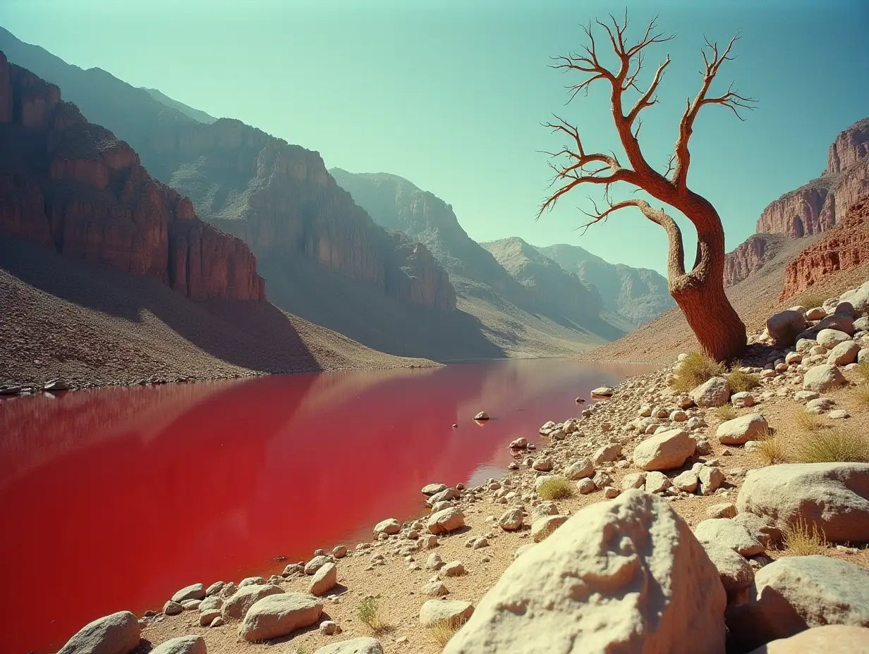 Red-Water-Lake-Surrounded-by-Rocks-and-a-Dead-Golden-Tree-in-a-Retro-1960s-Aged-Style