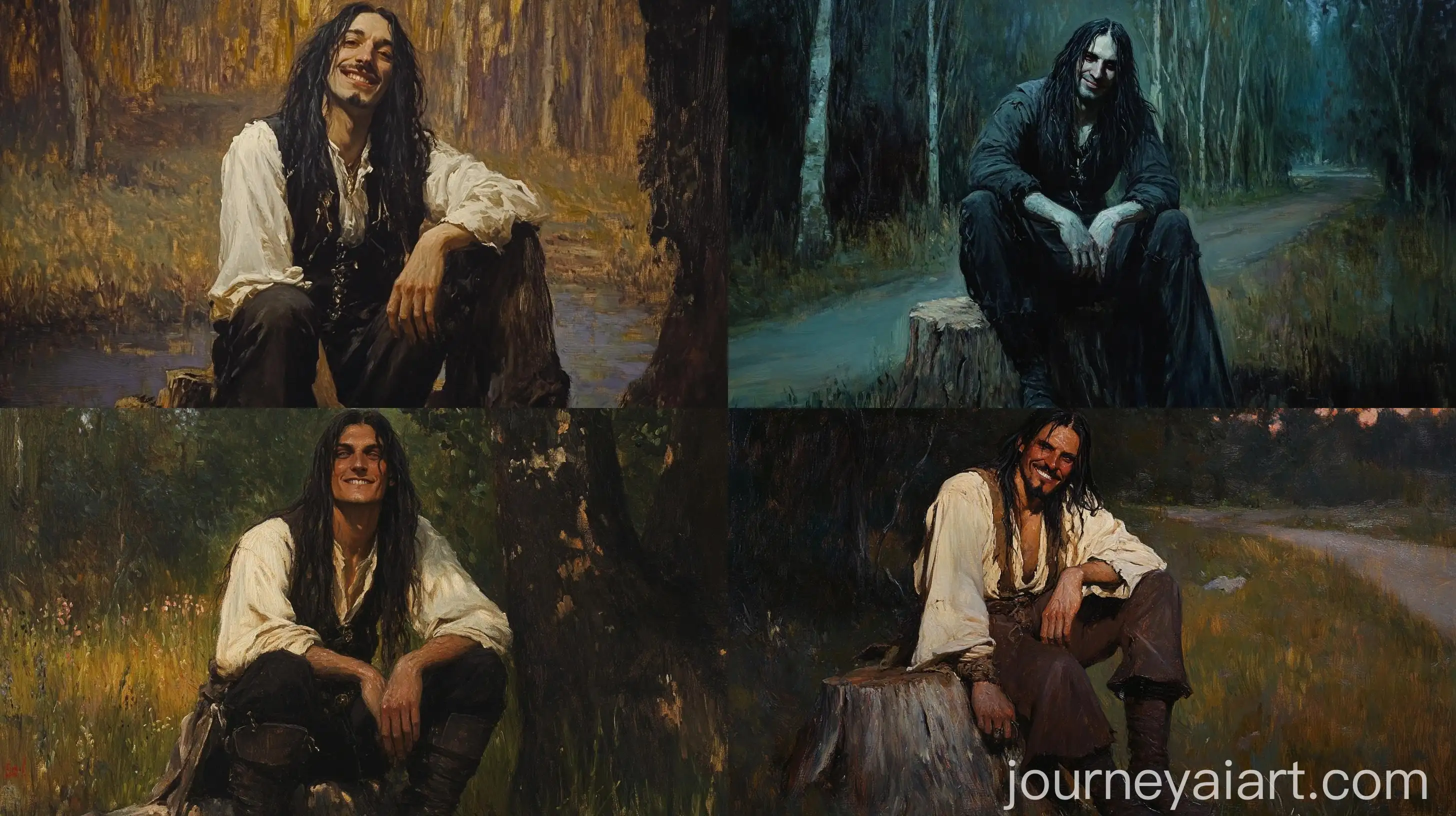 Sinister-Medieval-Man-Sitting-on-Tree-Stump-at-Dusk
