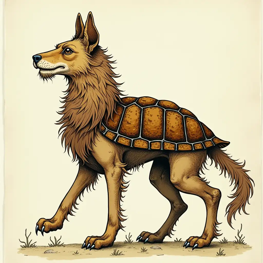 fantasy wild creature half dog half lion half turtle from the middle ages. In the form that appears in the old books. Colored ancient drawing