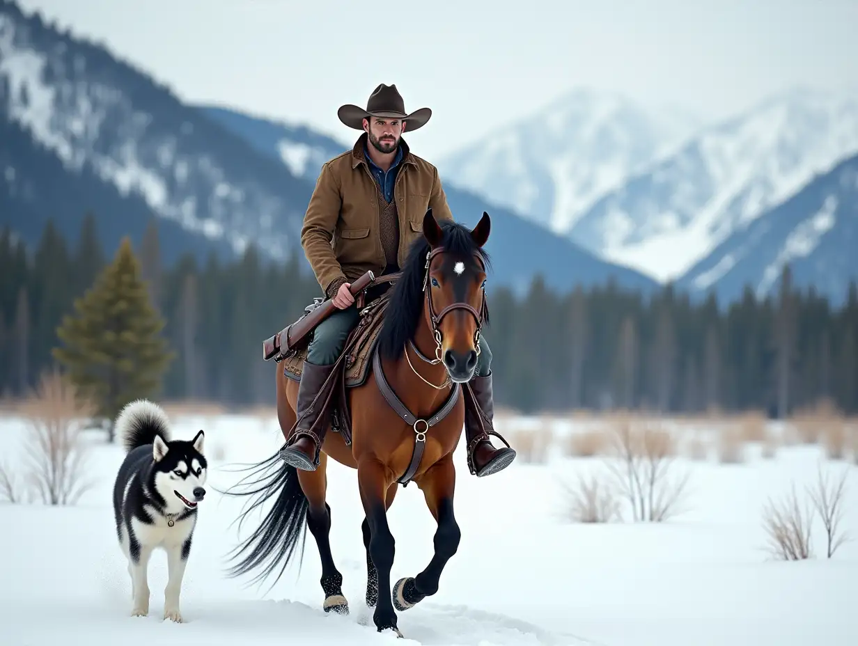 A handsome cowboy rides a horse through a snowy landscape, a rifle strapped to the side of the horse. His rugged yet striking features stand out beneath his wide-brimmed hat. Beside him, a loyal Siberian Husky trots through the snow. In the distance behind them, a forest of tall spruce trees stands, and beyond the forest, breathtaking snow-capped mountains, reminiscent of the Swiss Alps, rise against the sky. The ground is covered in pristine white snow, as the cowboy and his dog move gracefully through the cold wilderness.