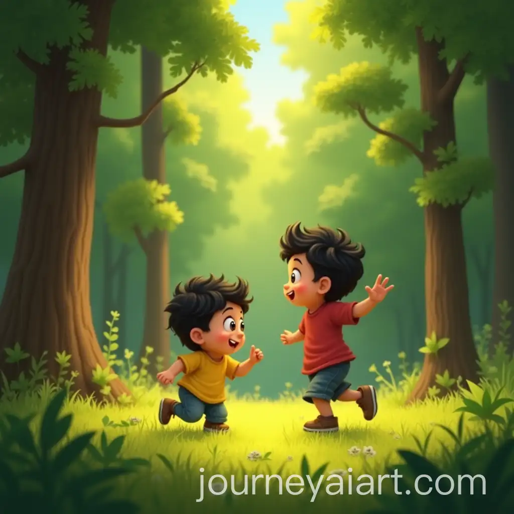 Two-Friends-Playing-in-a-Lush-Sunny-Forest