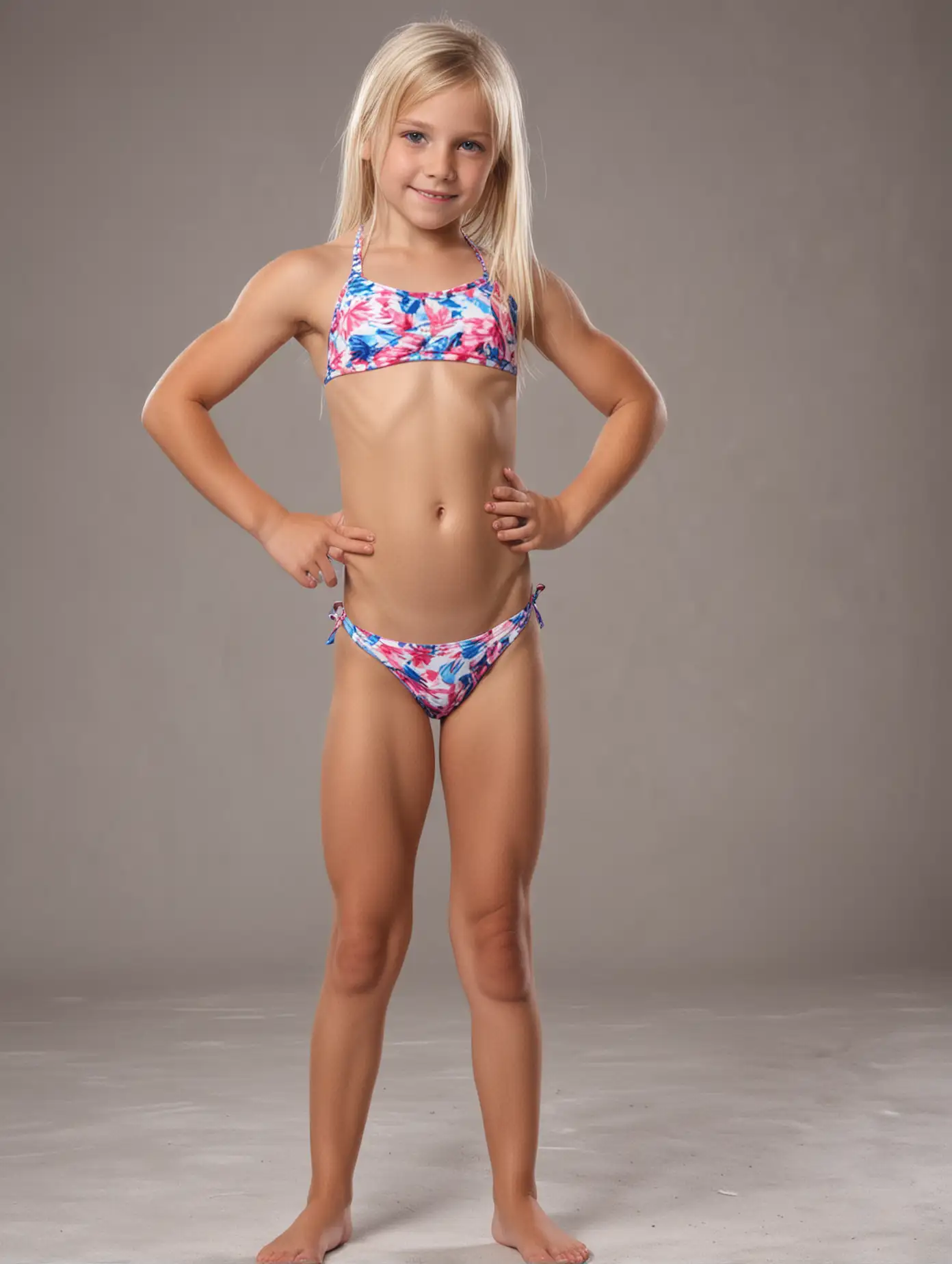 white blonde 8 year old athletic girl in bikini, flexing leg muscles