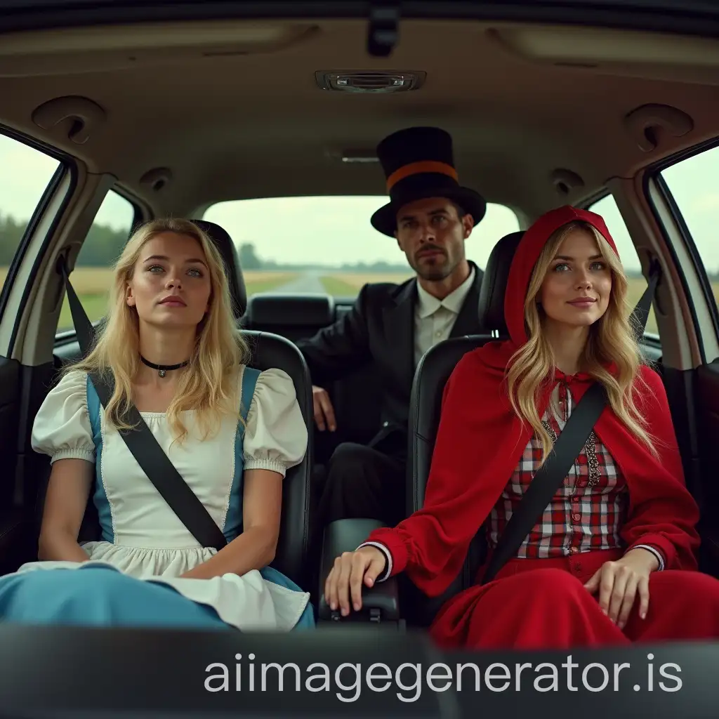 Alice in Wonderland and Little Red Riding Hood in the back seat of a car on either side of a gentleman