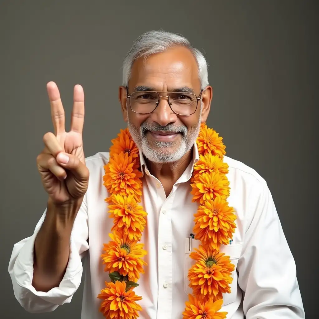 INDIAN POLITICIAN AGE 50 WITH VICTORY SIGN AND A FLOWER GARLAND AROUND THE NECK WEARING WHITE SHIRT