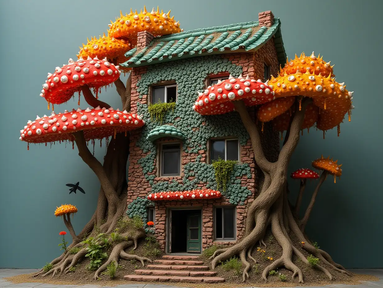 Face transformed into building with colorful Fly Agaric roots