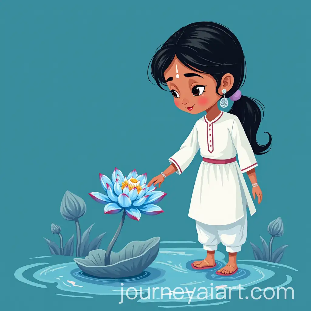 Girl-in-White-Kurtha-Touching-Blue-Lotus-in-Serene-Pond
