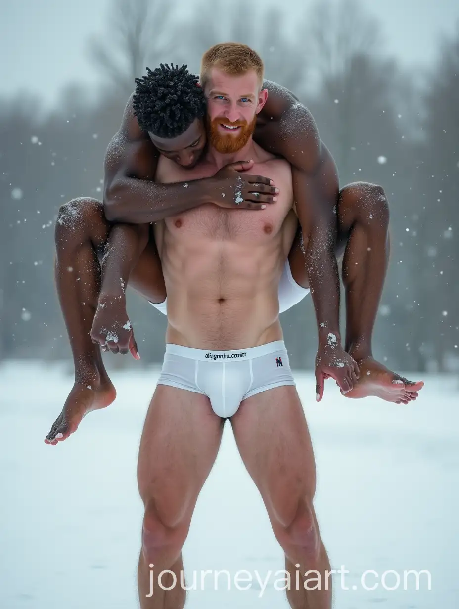 GingerHaired-Man-Lifting-Unconscious-Black-Man-in-Snowy-Landscape