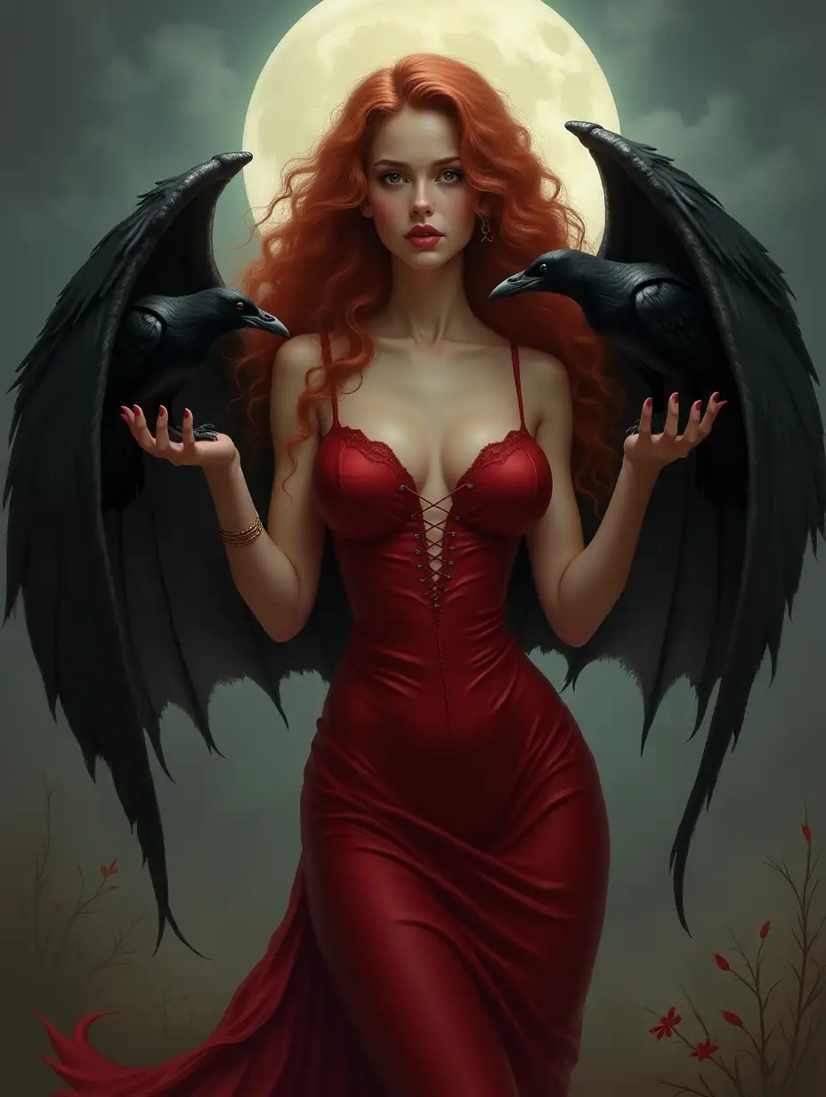 A beautiful lush-breasted girl with long curly red hair, with bat wings in a red tight-fitting open dress, holding black ravens. The scene takes place under a full moon, and the hazy, ethereal background enhances the magical and slightly eerie feel of the painting. The detail is very finely drawn, with a soft, polished finish. Created with: rich color mixing, smooth lighting transitions, detailed character development, mystical mood, high definition rendering, HD quality, realism