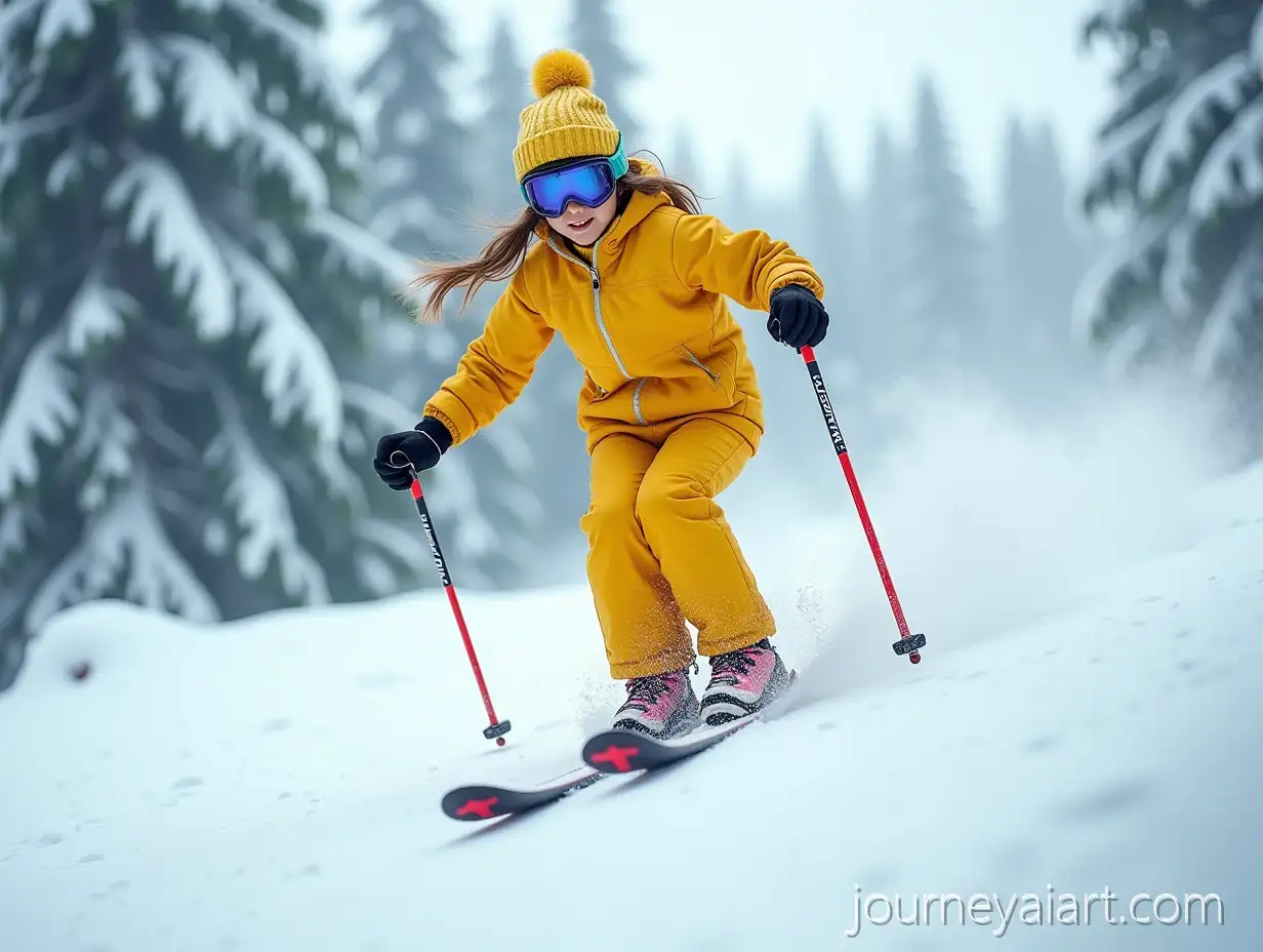 Girl-Racing-Down-Mountain-Trail-in-Yellow-Ski-Suit-Surrounded-by-Pine-Trees