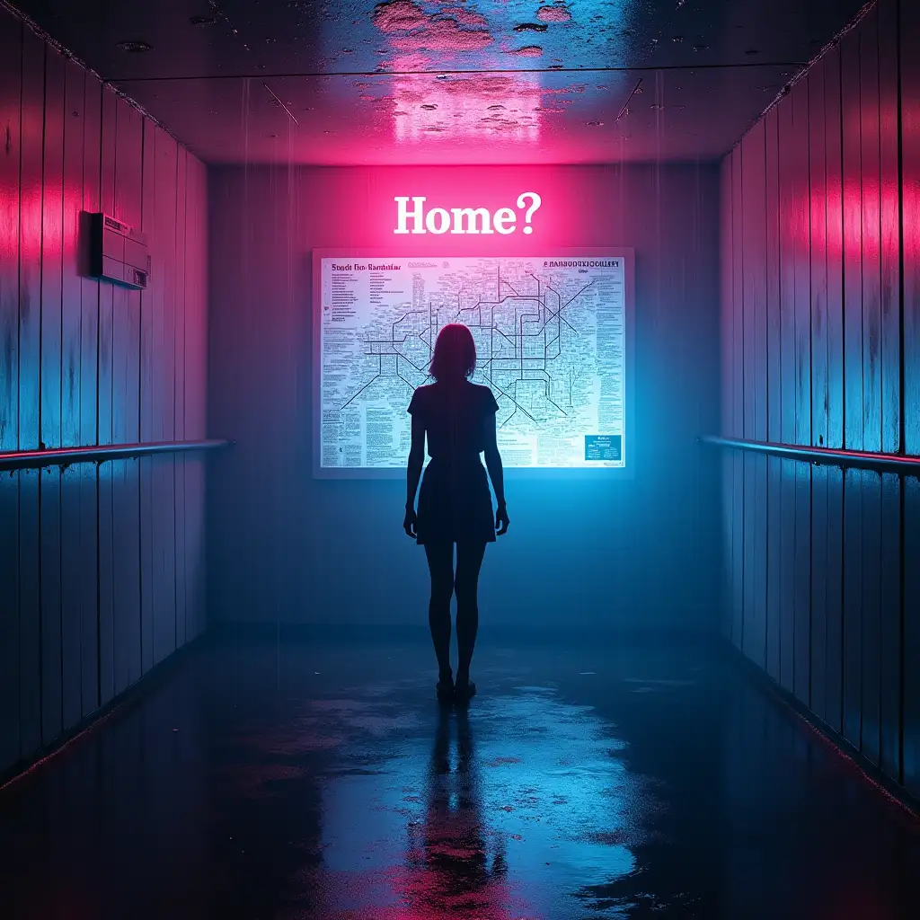 A dimly lit, sterile room with damp plastic walls, water pouring down , illuminated by soft pink, and blue neon lights. In the center of the room, a dark silhouette of a woman stands alone, facing the wall with a huge ornate subway map spreading across the wall above it a sign has the word 'Home?' looking at the map as if deep in thought, with shadows stretching across the floor. The atmosphere is melancholic yet vibrant, with the contrasting colors merging into a moody, cinematic scene. Dust lingers in the air, catching the soft glow of the neon lights, creating a dreamlike and introspective feel