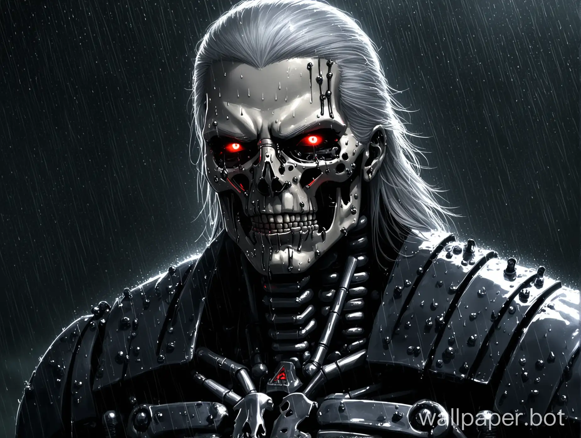 geralt terminator visible skeleton terminator thick lips black sclera spooky scary atmosphere goes rain looks epic beautiful