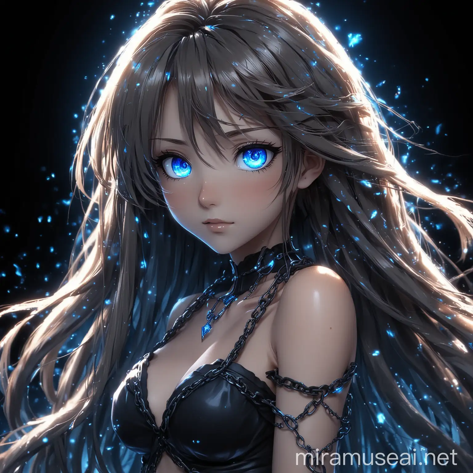 Elegant Anime Girl with Glowing Blue Eyes and Chains in Dark Blue Setting