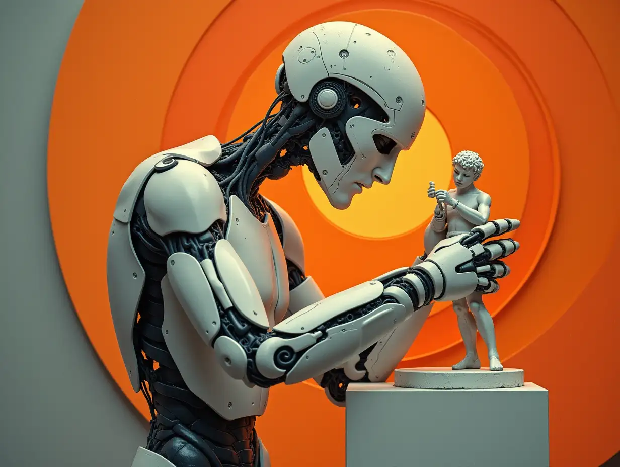 a surreal image of a robot man carving the David statue with bold, circular patterns in the background. The lighting is soft and warm, emphasizing the figure's form, while contrasting with abstract forms. The whole composition must blend realism with modern art and geometric design – sref 212496335 