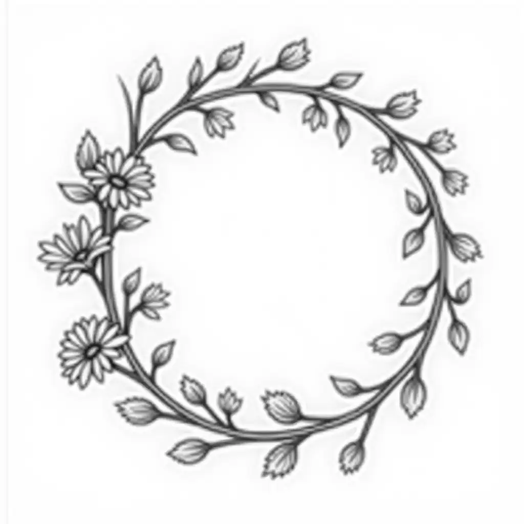 Realistic-Floral-Wreath-Coloring-Page-with-Helichrysum-Flowers-and-Vine-Branches
