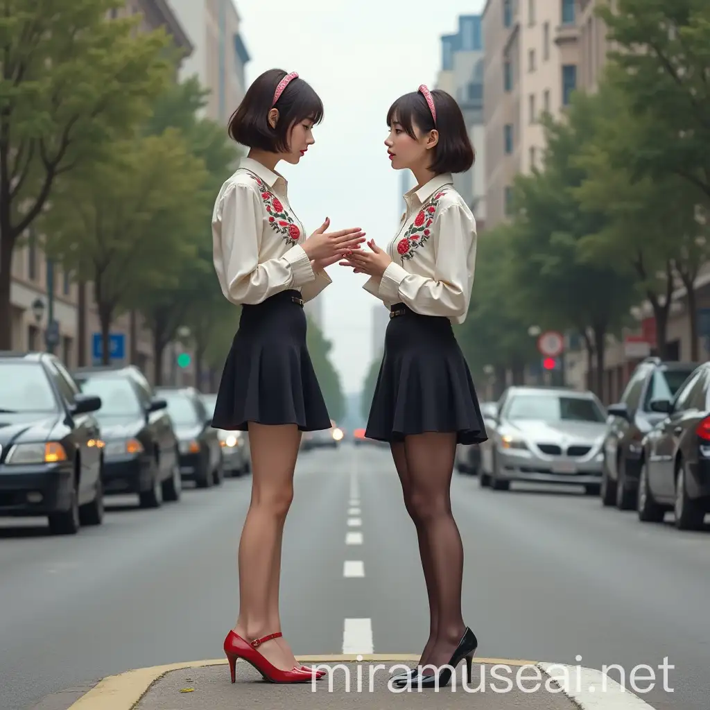 Two Young Women in Embroidered Blouses and Miniskirts Talking on City Street Corner