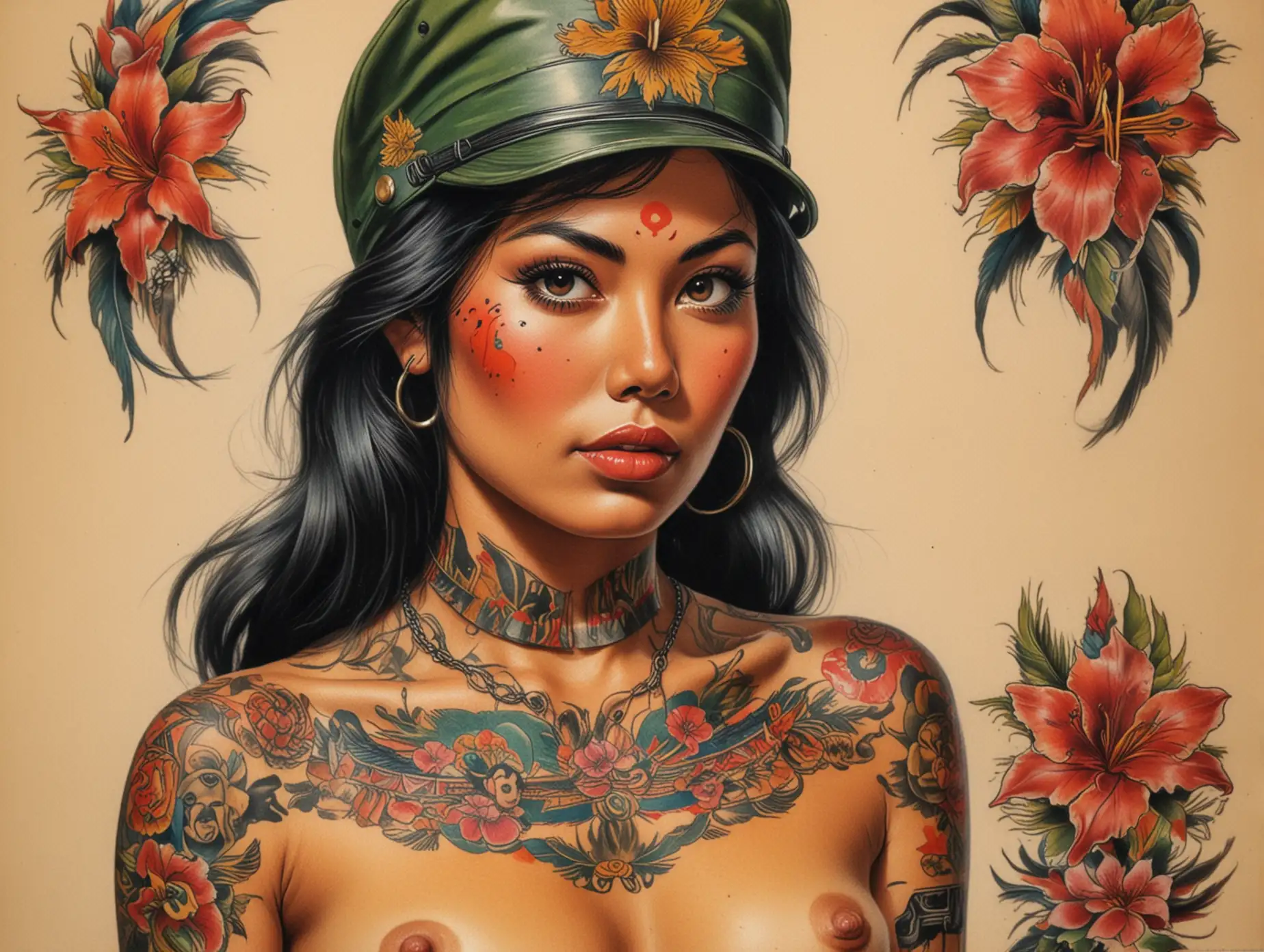 1970's Vintage colorful tattoo art of sexy nude Mexican soldier girl in Vietnam.
