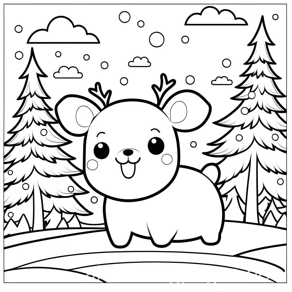 Kawaii-Animal-Playing-in-Snow-Coloring-Page-for-Kids-with-Simple-Outline-Design