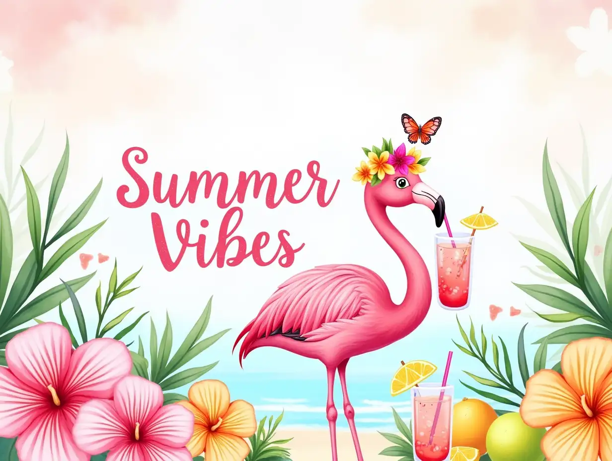 Dreamy-Style, Watercolor ART. Create a vibrant illustration of a cartoon-style pink flamingo adorned with tropical flowers and a butterfly, sipping a colorful drink with a pink straw and a tiny umbrella. Surround the flamingo with colorful fruits like lemons and limes, along with bright flowers and leaves to highlight a summer theme. The background features a dreamy ocean scene with soft waves and a gradient sky in pastel pink and blue hues. Include the phrase 'Summer Vibes' in a bold, whimsical font, enhancing the joyful atmosphere. Add glitter effects in the corners for a festive touch. Aim for a cheerful, hyperrealistic look with bright, saturated colors and a whimsical vibe.