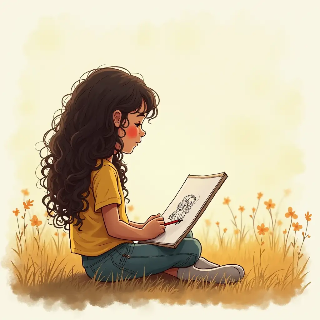 A young girl with long curly hair, sitting with her back to the field, holding a line drawing character