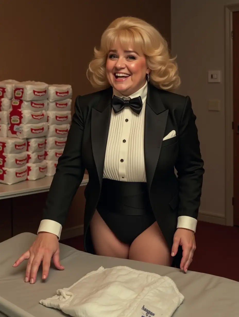 photo realistic, sweet laughing larger plump portly full-figured body type with large wide hips Caucasian white female woman, with dark blonde very tight curly 1980s hair with bangs, wearing a very formal orchestra concert tuxedo with black long sleeve high cut cropped Eton jacket, white tuxedo shirt, with tight high standing wingtip collar, and many thick vertical pleats front, black diamond point bow tie with black very thick wide adjustable neckband, black cummerbund, black high-cut spandex brief, bare legs, high heels, looking at viewer while reaching over a changing table to present a disposable diaper, for a diaper changing demonstration in a very formal diaper awards show, with a huge plastic rounded box of white and red Huggies FIT-EMS DIAPERS in the background, front pov close up view.