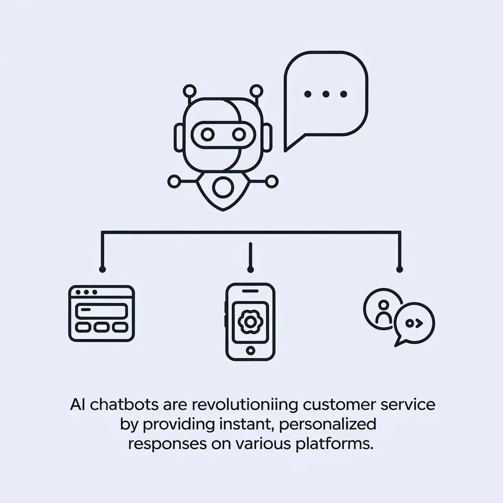 An infographic explaining AI chatbots with simple icons: a chatbot talking to customers through different platforms (website, app, and social media). in corporate blue and white tones, with a clean, modern design.