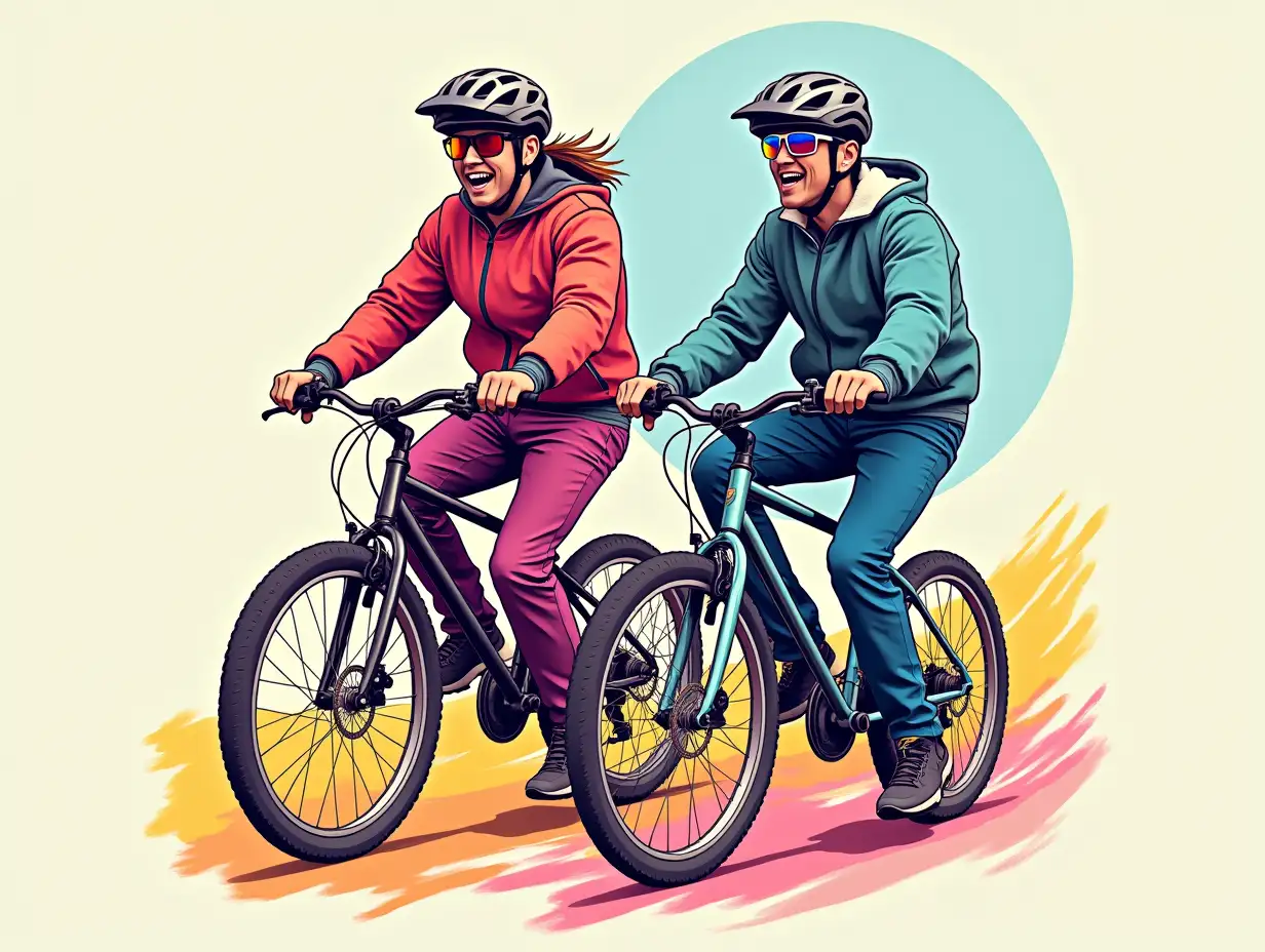 90s retro style, image of a pair riding bicycles. Do in bright pop colors