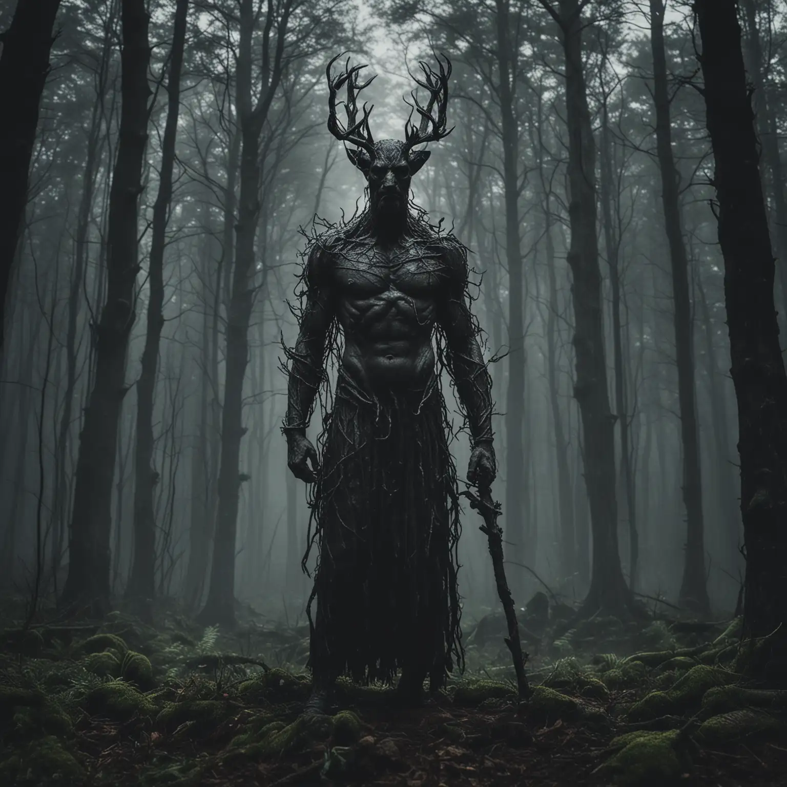 Dark and Moody Forest God Statue Enshrouded in Mystery