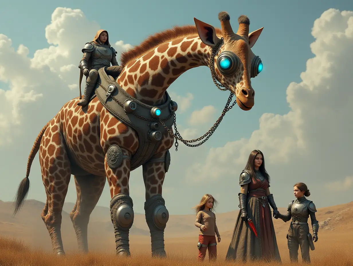 Ki-Fantasy Family,Man,Woman, and Children, giant Giraffe with long neck face and with Glass and Metal armor equipment