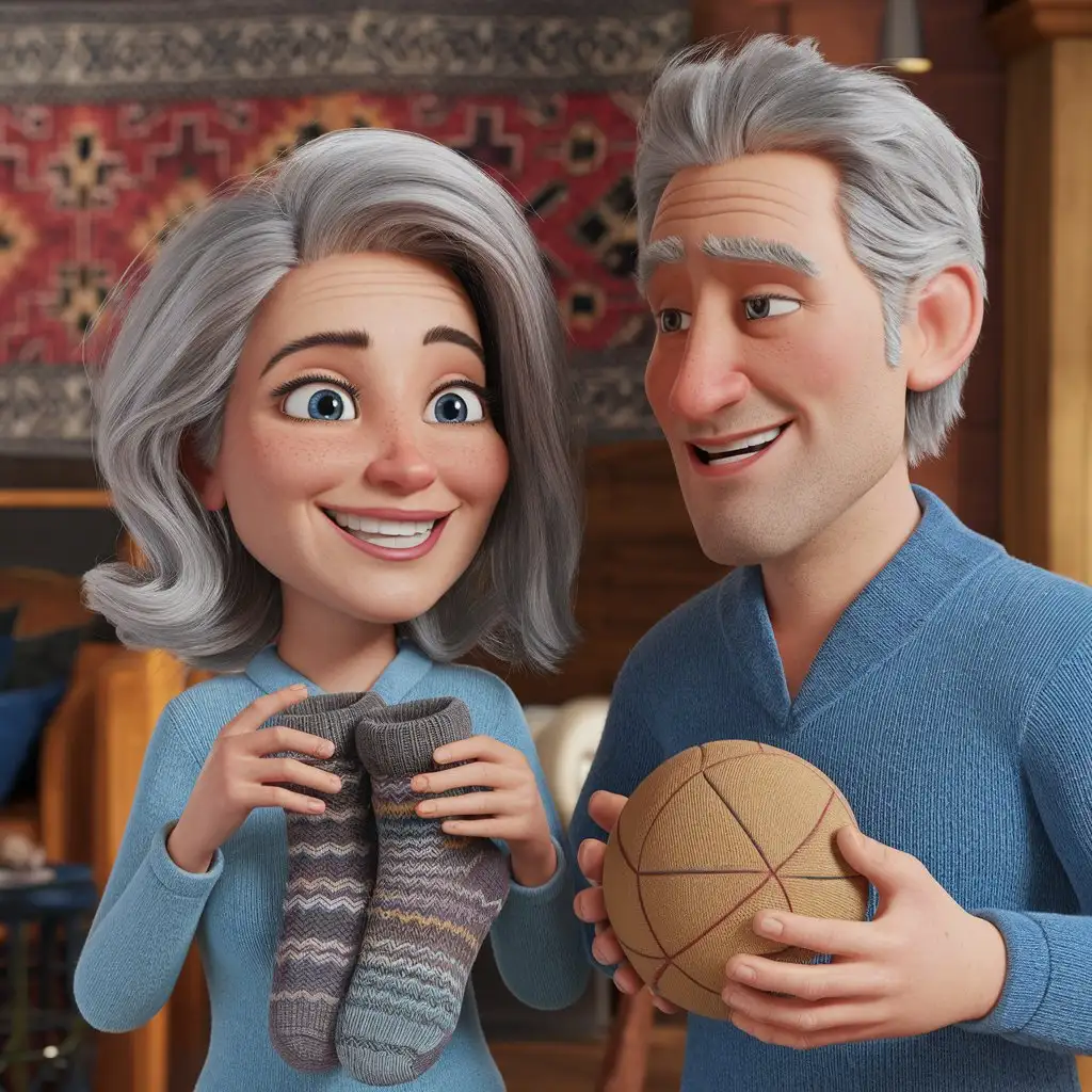 kind adult happy gray haired woman holds wool socks in her hands near an adult gray nice man who holds a ball 3d animation in his hands