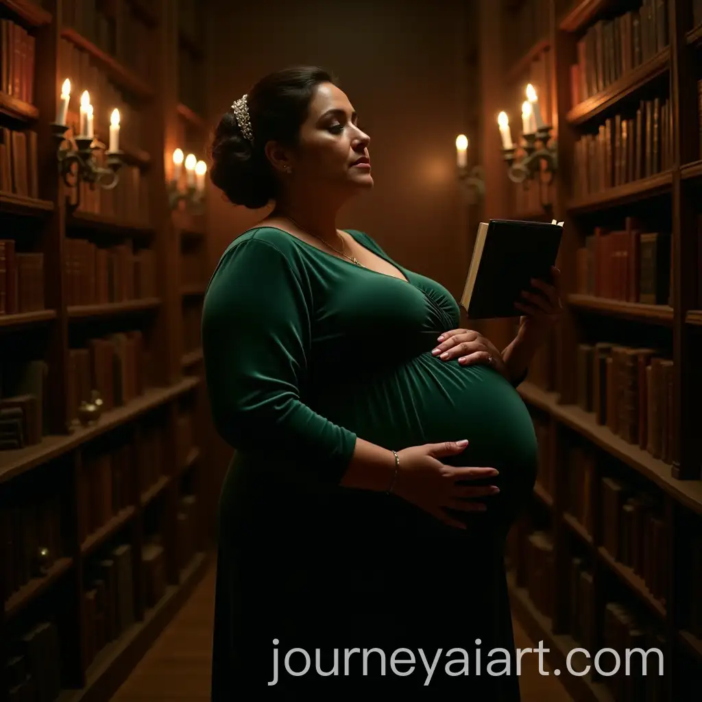Pregnant-Woman-in-Elegant-Velvet-Gown-in-Vintage-Library