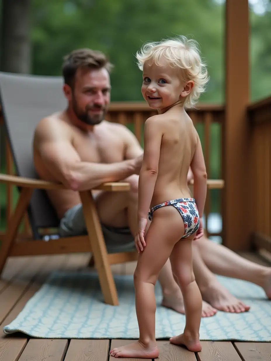 Little-Girl-with-Shiny-Skin-and-Shy-Smile-on-Wood-Deck-with-Father