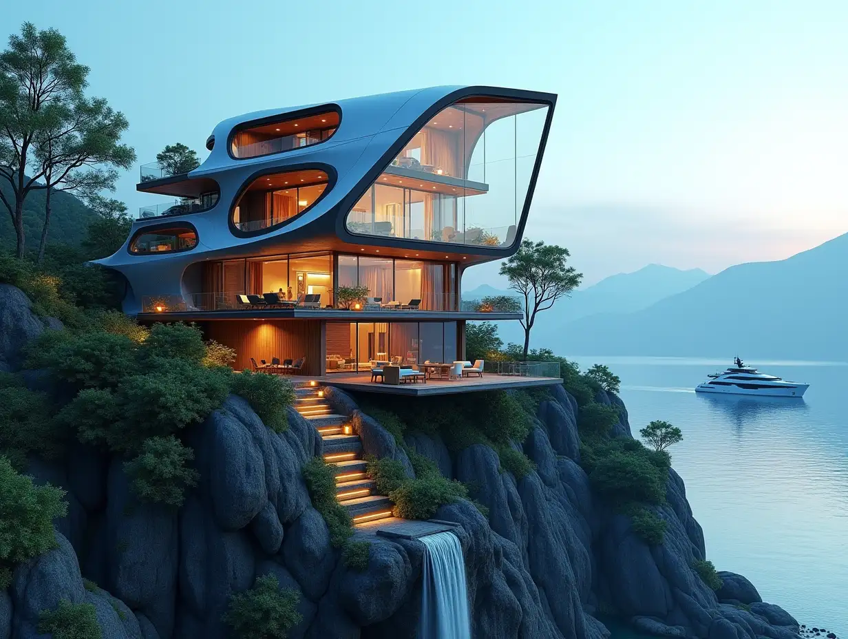 A futuristic multi-story house made of many lit up glass, triangular and wood lies on the mountain peak, many plants waterfall, trees, blue sky, bright surroundings, mountains, clear water and a yacht in the background, vibrant 8k quality 180 degree shots