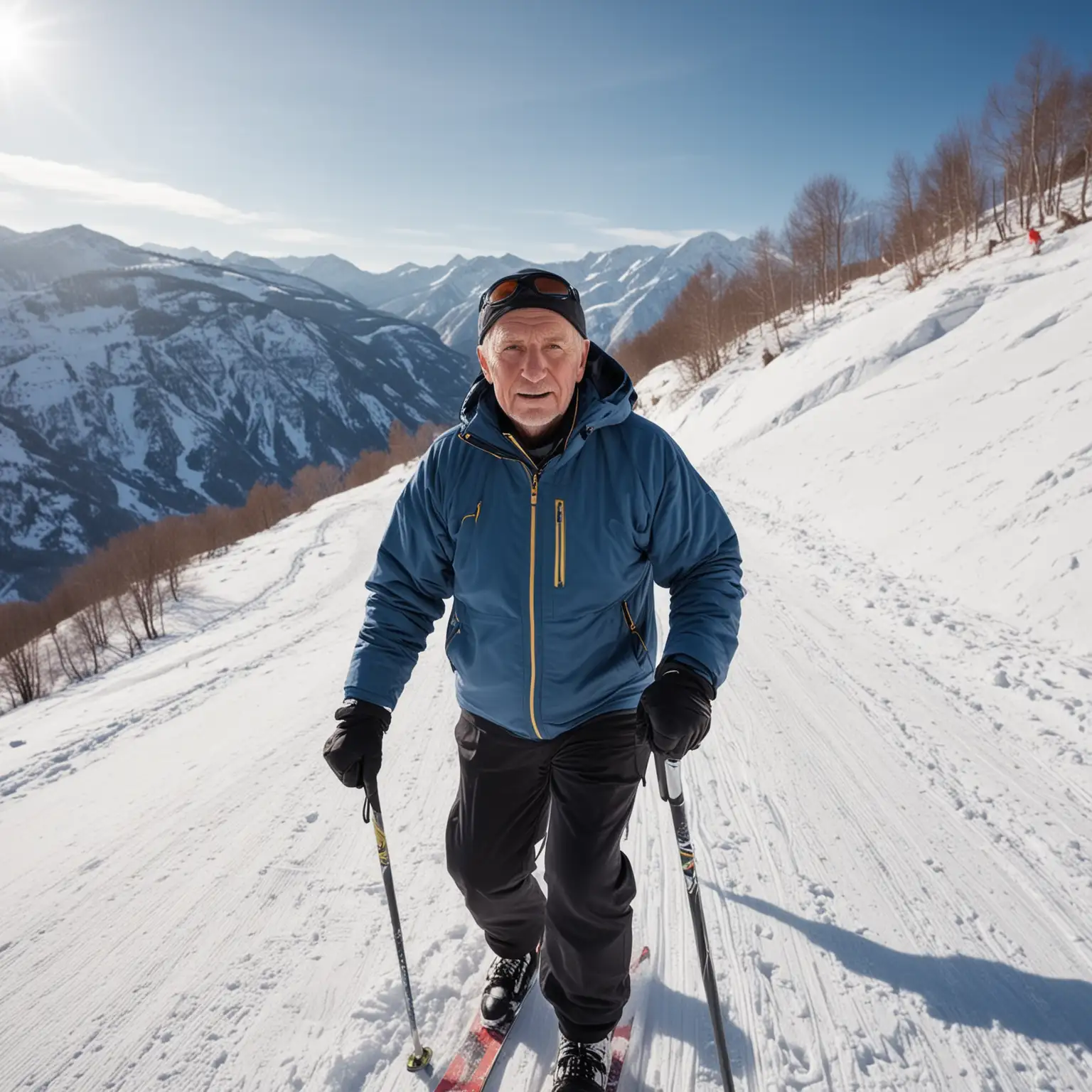 Grandfather-Athlete-Skiing-Down-Mountain-in-Winter-Landscape