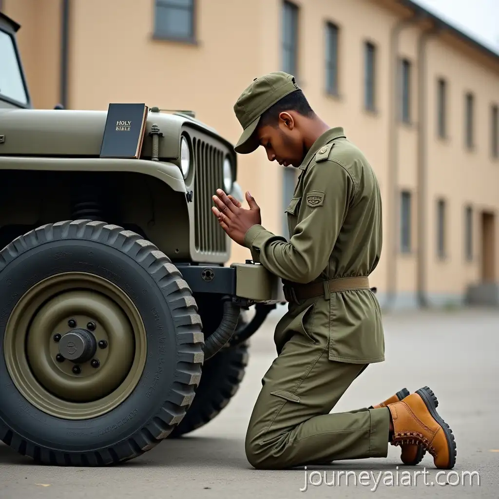 Young-Male-Soldier-Kneeling-in-Prayer-Beside-Military-Jeep-in-OliveDrab-Uniform