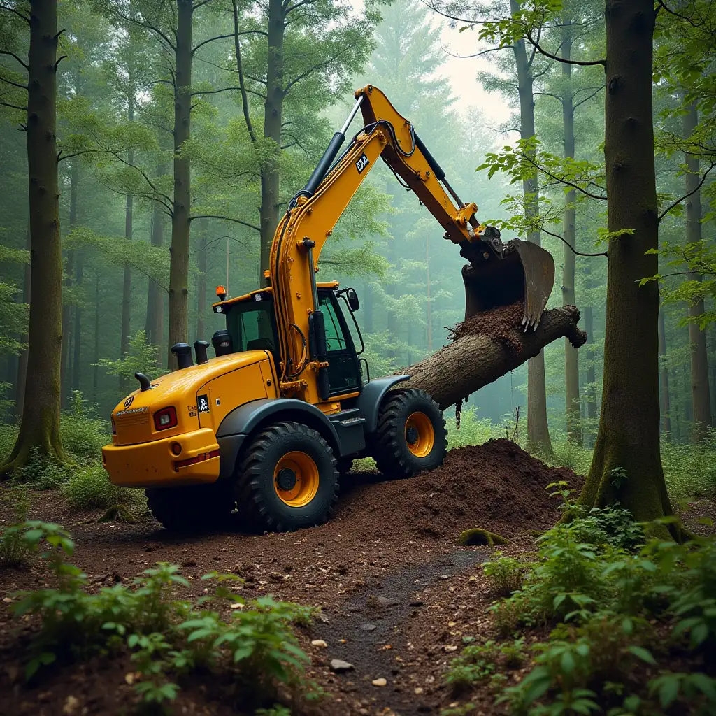 a video of a jcb making a tree fall down in a forest