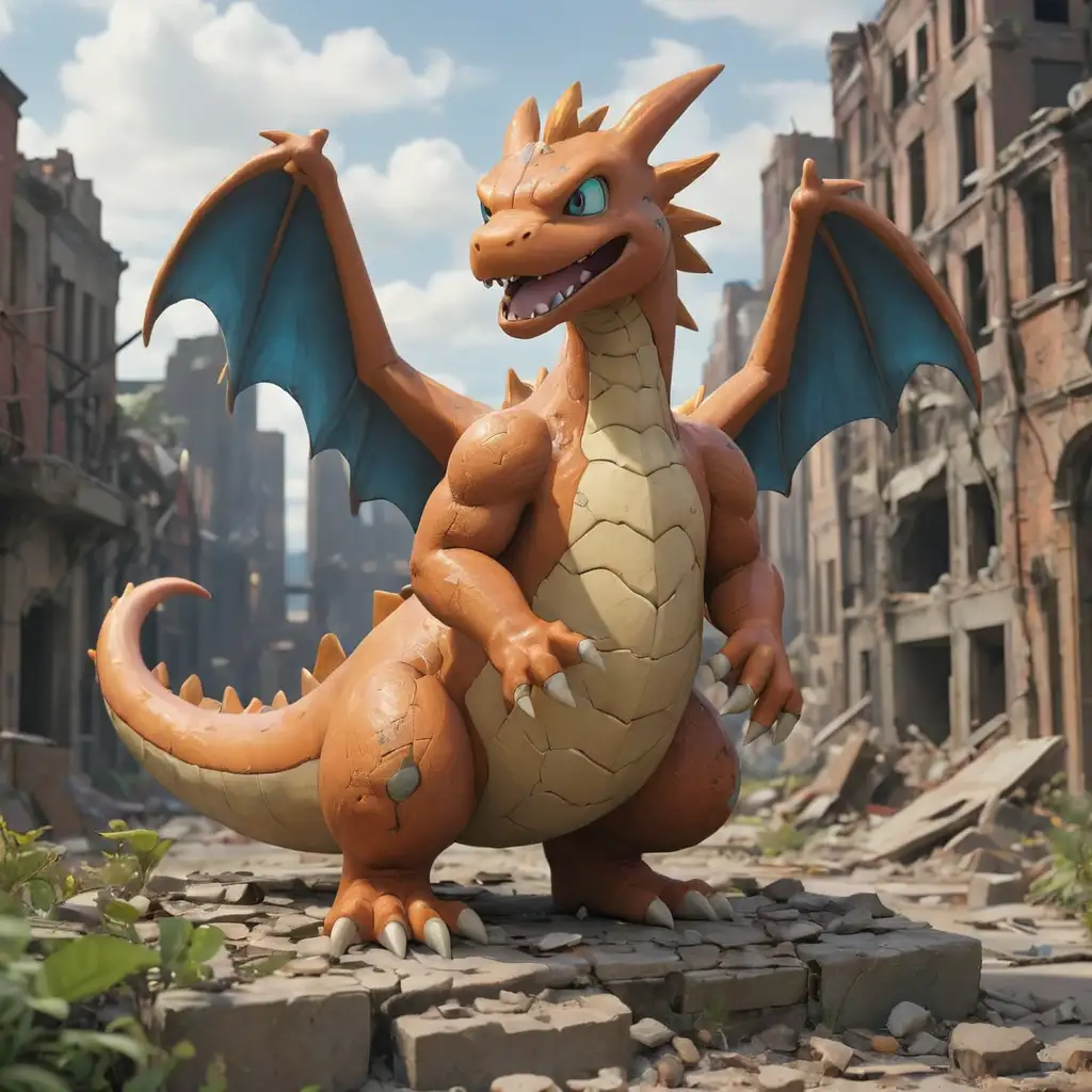 A weathered Charizard, its wings singed and its scales scarred, stands amidst the crumbling ruins of a once-vibrant city. The Pokemon's eyes, filled with determination and resilience, reflect the harsh realities of its existence. The city, now a ghost town, is overgrown with vegetation and littered with the remnants of a forgotten civilization. Charizard, a solitary figure in this barren landscape, roams the streets, scavenging for food and shelter, its instincts honed by the harsh realities of its existence.