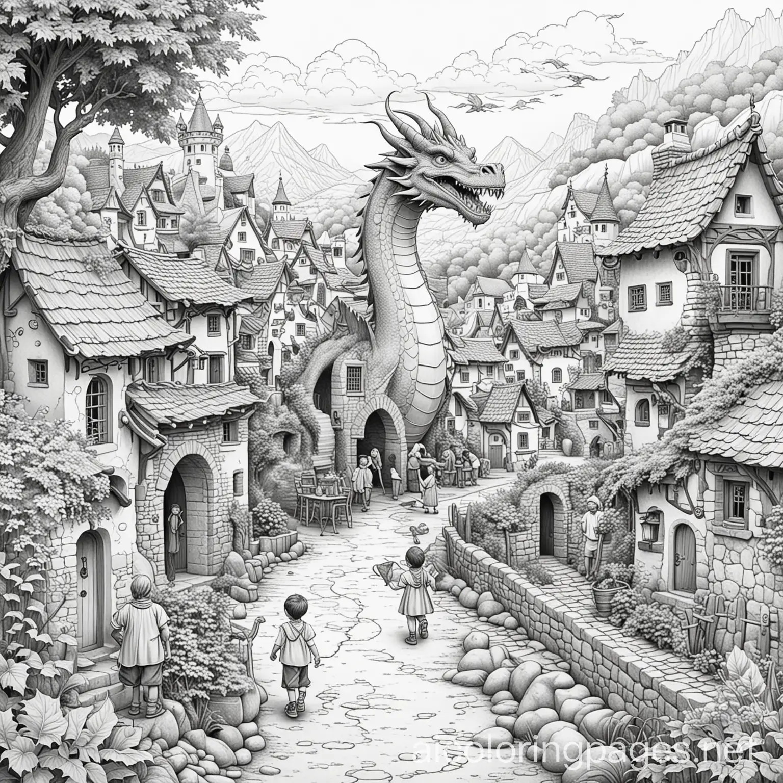 Dragon-Coloring-Page-in-Village-with-People