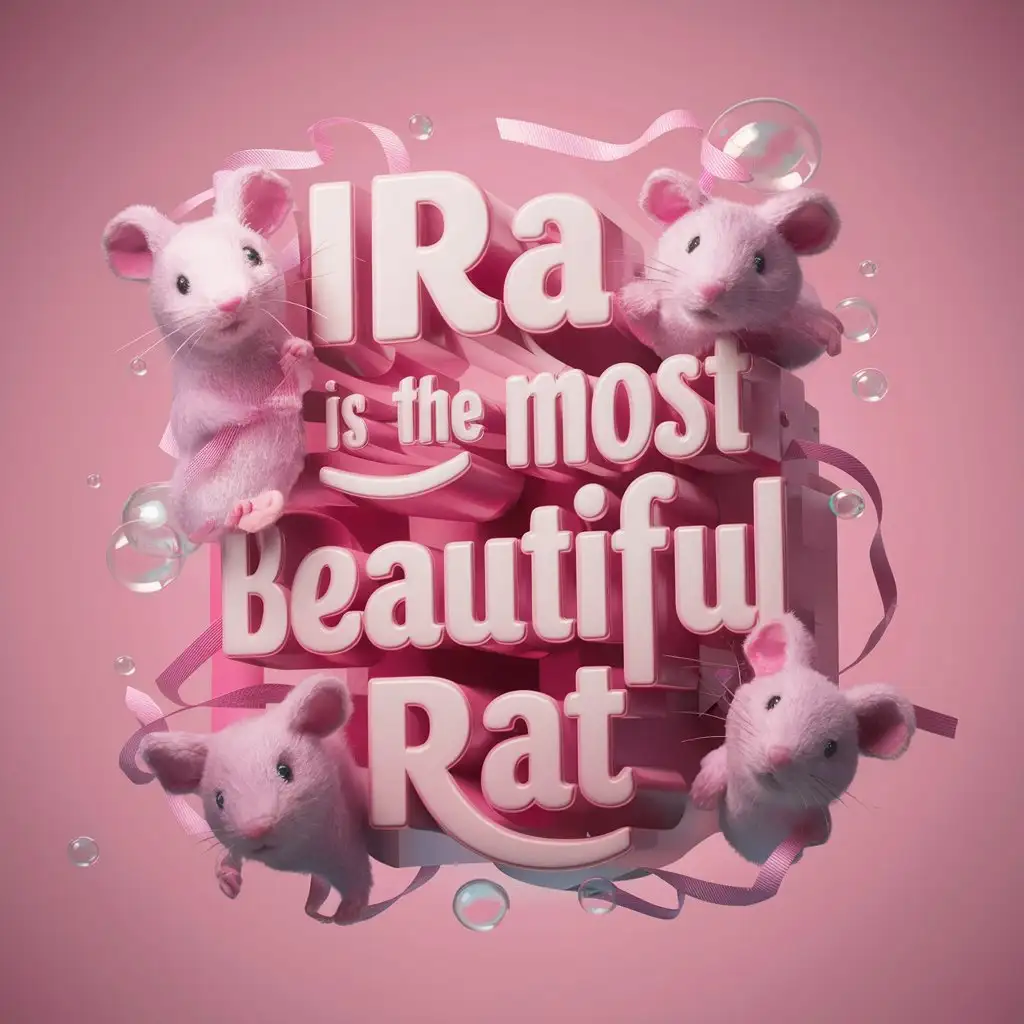 Красивая розовая картинка с 3Д надписью: Ira is the most beautiful rat
И оформлением из плюшевых розовых милых мышек, ленточек и воздушных шариков