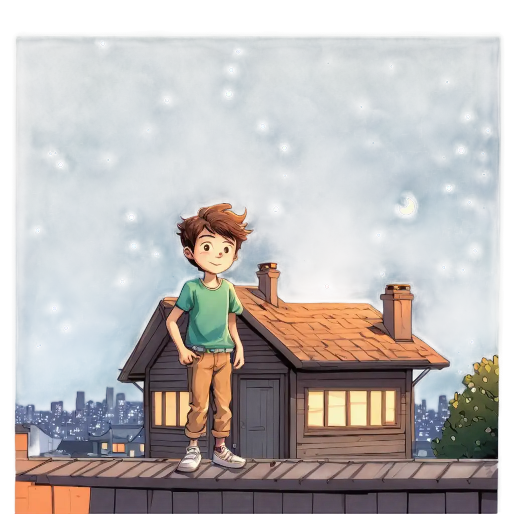 Cartoon-Boy-on-House-Roof-with-Night-City-Panorama-PNG-Image