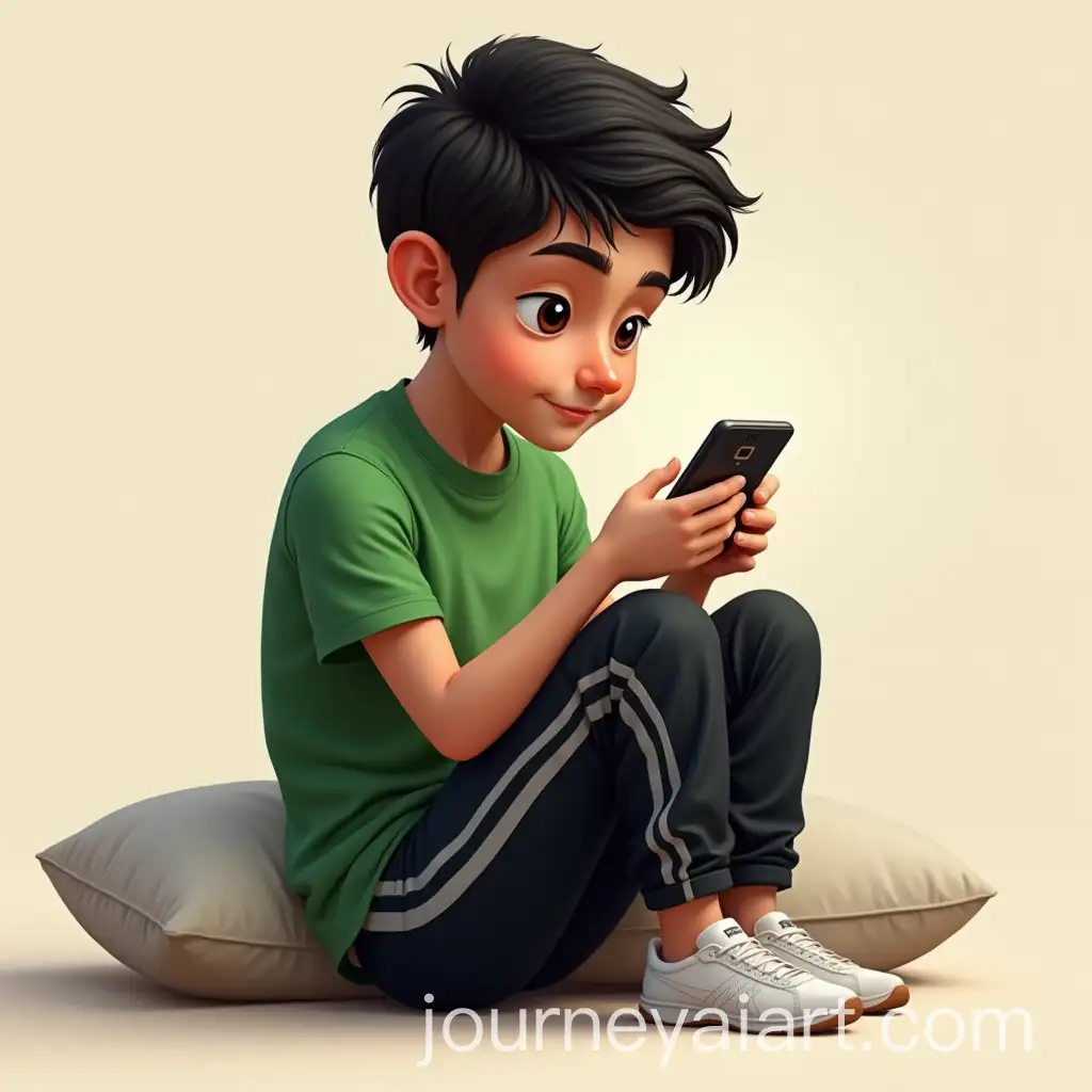 Iranian-Boy-Sitting-on-Ground-Watching-Phone-in-Green-TShirt-and-Black-Sports-Pants