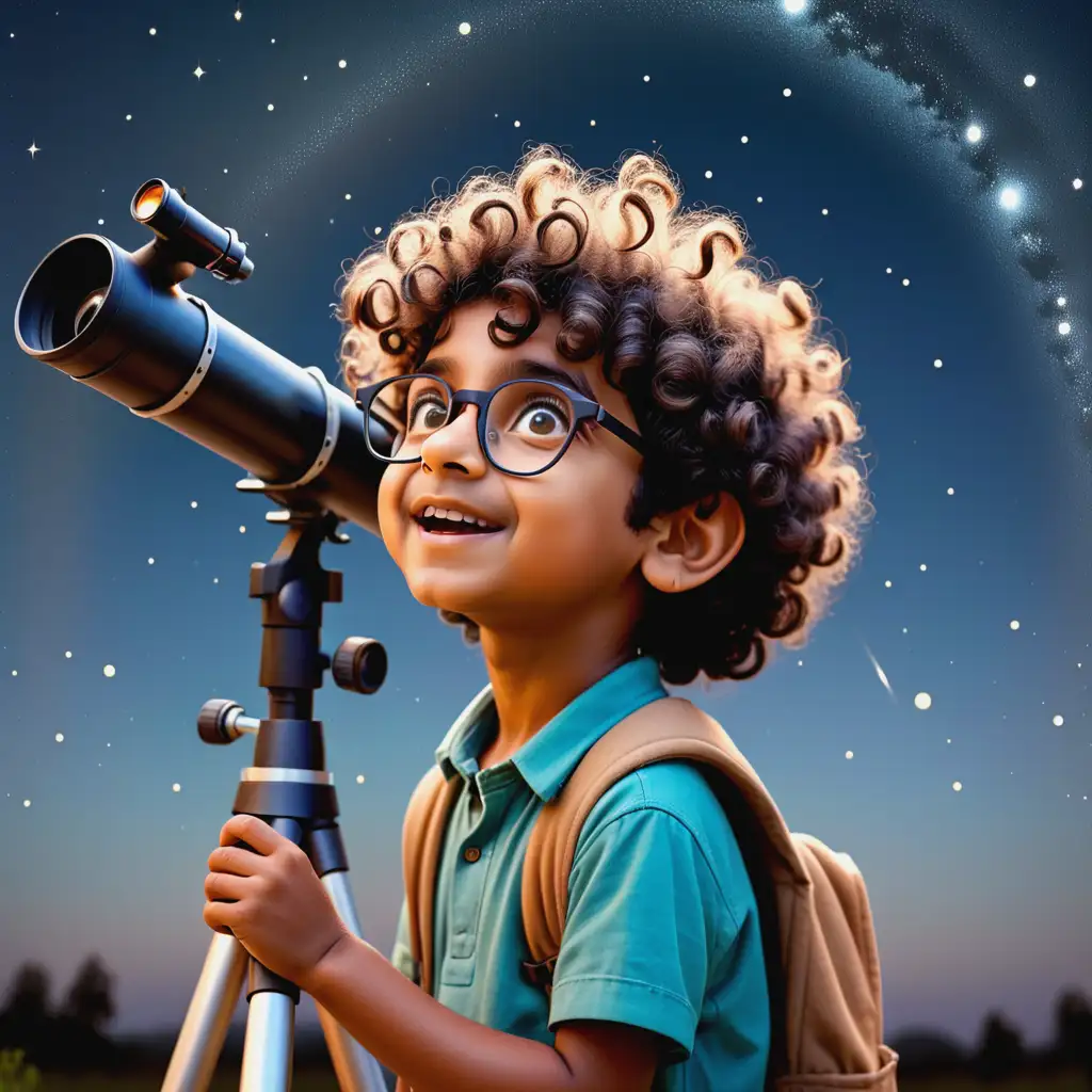 A cute indian boy with glasses and curly hair looking at the stars. With telescope in background.